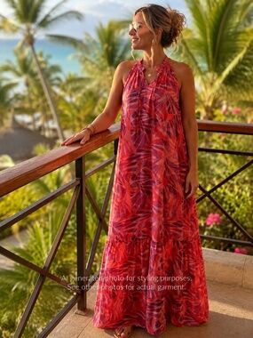 NWT Nine West Tropical Maxi Dress | Coral Pink Resort Style | Boho | Size Medium